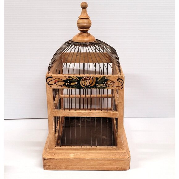 Wood Bird Cage Folk Victorian Tole Painted Flowers Wood Metal Tray Bottom - Picture 3 of 14
